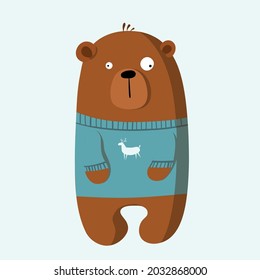 cute funny bear in sweater, vector clipart, children's funny illustration with cartoon character