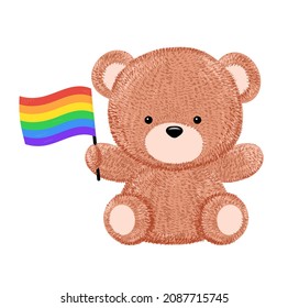 Cute funny bear toy with LGBT flag.Vector cartoon kawaii hand drawn pencil character illustration.Funny happy teddy bear,LGBT,gay flag character print for clothing,card,t shirt,logo,poster concept
