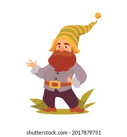 Cute funny bearded forest gnome or dwarf cartoon character in striped hat, flat vector illustration isolated on white background. Fairy tale dwarf personage.
