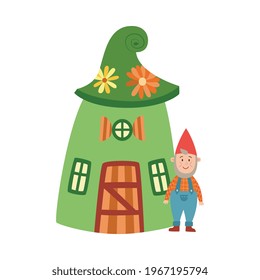 Cute Funny Bearded Old Gnome Standing Next To His Tiny Fancy House, Flat Vector Illustration Isolated On White Background. Character Of Garden Dwarf Or Gnome With House.