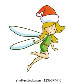 Cute and funny beautiful fairy flying and wearing Santa's hat for christmas - vector.