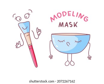 Cute funny beauty cosmetic products characters with face, arms and legs isolated on white background. Shaping mask in a bowl with a brush for application. Vector hand drawn illustration