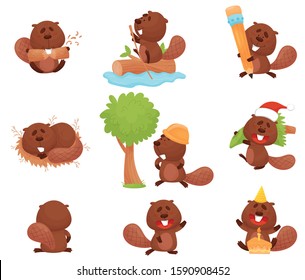 Cute Funny Beaver Character in Different Actions Vector Set