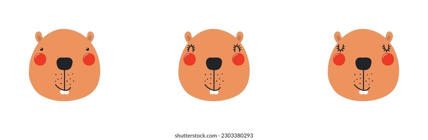 Cute funny beaver faces illustrations set. Hand drawn cartoon character. Scandinavian style flat design, isolated vector. Kids print element, poster, card, wildlife, nature, baby animals