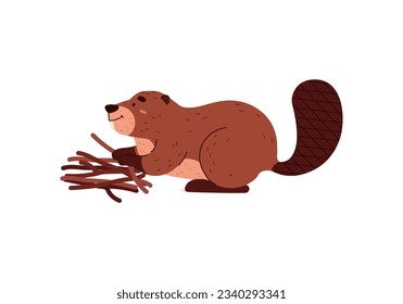 Cute funny beaver folds branches side view flat style, vector illustration isolated on white background. Decorative design element, nature and wildlife, rodent animal