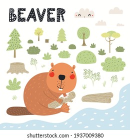 Cute funny beaver in forest, woodland landscape, isolated on white. Hand drawn wild animal vector illustration. Scandinavian style flat design. Concept for kids fashion, textile print, poster, card