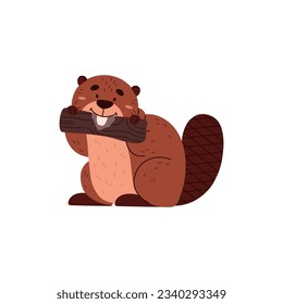 Cute funny beaver gnawing piece of wood flat style, vector illustration isolated on white background. Rodent animal, decorative design element, nature and wildlife