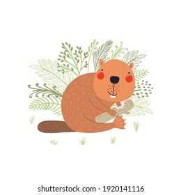 Cute funny beaver with wood, grass, fern, isolated on white. Hand drawn wild animal vector illustration. Scandinavian style woodland. Flat design. Concept for kids fashion, textile print, poster, card