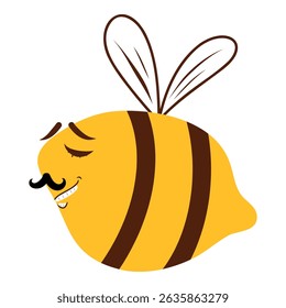 Cute and funny bee character, honey bee with mustaches vector illustration