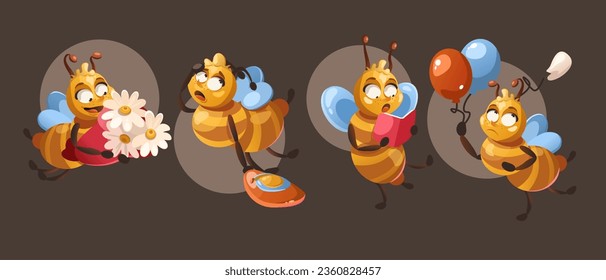 Cute funny bee character vector cartoon mascot illustration. Insect animal isolated set smile, study and flying. Creative bumblebee design with chamomile flowers, balloon, honey and book collection.