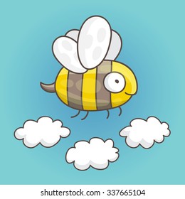 Cute and funny bee in the clouds painted by hand. Vector illustration on a blue background.
