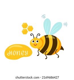 cute funny bee with honeycombs and hand lettering Honey on white background. cartoon vector illustration