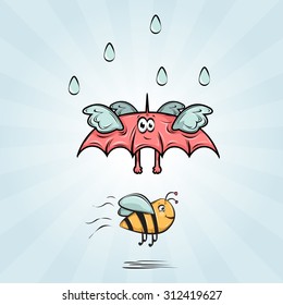 Cute and funny bee with umbrella. Icons. Characters. Card. Postcard.