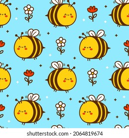 Cute funny bee,flowers cartoon kids seamless pattern. Vector hand drawn cartoon kawaii character illustration icon. Cute bee,honey,flower cartoon kawaii child seamless pattern concept