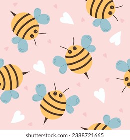 Cute funny bee,hearts cartoon kids seamless pattern. Vector hand drawn cartoon kawaii character illustration icon. Сhild seamless pattern concept.