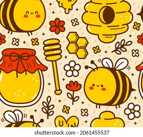 Cute funny bee,honey character seamless pattern. Vector hand drawn cartoon kawaii character illustration icon. Cute bee,honey jar cartoon kawaii seamless pattern concept
