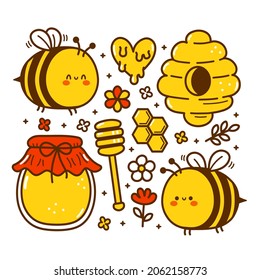 Cute Funny Bee,honey Character Set Collection. Vector Hand Drawn Cartoon Kawaii Character Illustration Icon. Cute Bee,honey Jar Cartoon Kawaii Bundle Set Concept