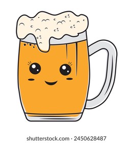 Un lindo personaje divertido de la taza de cerveza. Vector dibujado a mano ilustración de un personaje de dibujos animados kawaii.