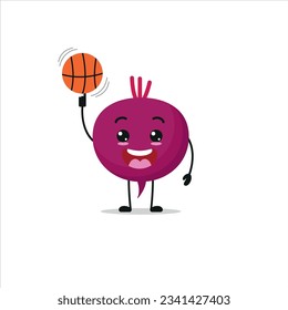 Cute and funny beet play basketball. Vegetable doing fitness or sports exercises. Happy character working out vector illustration.