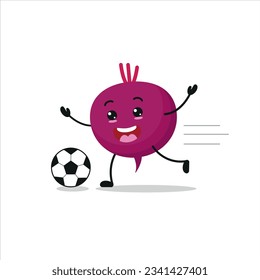 Cute and funny beet play football. Vegetable doing fitness or sports exercises. Happy character soccer working out vector illustration.