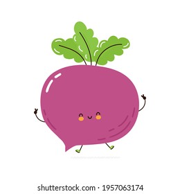 Cute funny beet vegetable character jump. Vector hand drawn cartoon kawaii character illustration icon. Isolated on white background. Beet organic vegetable character concept
