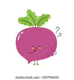 Cute funny beet vegetable character with question mark. Vector hand drawn cartoon kawaii character illustration icon. Isolated on white background. Beet vegetable character concept