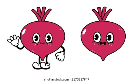 Cute funny beet waving hand character. Vector hand drawn traditional cartoon vintage, retro, kawaii character illustration icon. Isolated white background. Happy beet character concept