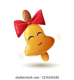 cute and funny bell character with smiling face. golden bell with red bow vector illustration isolated on white. school item clip art in cartoon style. great for childrens book, learning cards design