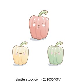 Caricatura de verduras de pimiento humedecilla graciosa estilo kawaii, mascotas de verduras de pimiento de campana en ilustración vectorial de fondo blanco