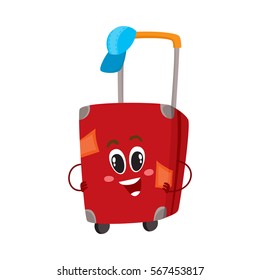 Cute and funny big red suitcase character with many labels, travelling concept, cartoon vector illustration isolated on white background. Traveler suitcase character, mascot, holiday, vacation symbol