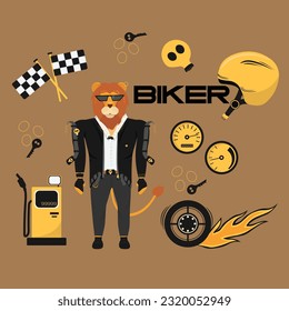 Cute funny biker lion cartoon mascot. Wild lion animal hand drawn vector 