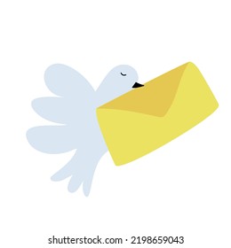 A Cute Funny Bird Carries An Envelope. Messaging, Sending Letters, Contact, Or Sharing Information Concept. Thin Line Vector Illustration On White.
