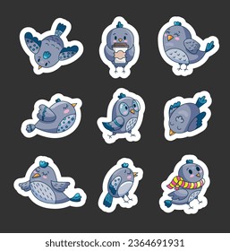 Cute funny bird. Sticker Bookmark. Little cartoon animal. Vector drawing. Collection of design elements.