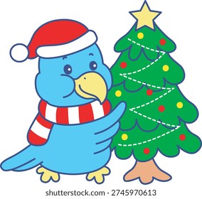 Cute funny Bird sticker icon with christmas theme. Funny Bird with Christmas tree 