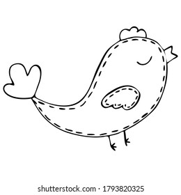 cute funny bird with wing and beak singing a song, children toy, decorative element, vector illustration with decorative stitching, coloring book for children