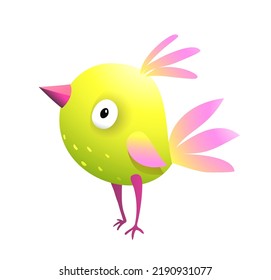 Cuidada y divertida caricatura de Birdie para los niños. Pequeña mascota de pájaro amarillo, divertido personaje imaginario en gradientes de colores brillantes. Caricatura de animales vectores.