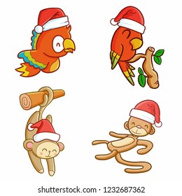 Cute and funny birds & monkey wearing Santa's hat for christmas celebration - vector