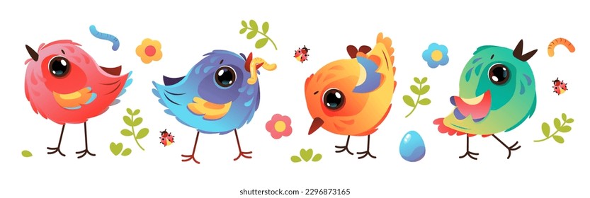 Cute funny birds set. Birds with worms and insects. Vector animal character in cartoon style.