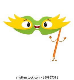 Cute and funny birthday party mask character with smiling human face, cartoon vector illustration isolated on white background. Funny birthday party mask character, mascot