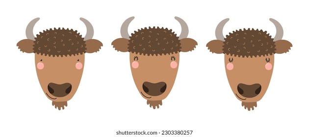 Cute funny bison faces illustrations set. Hand drawn cartoon character. Scandinavian style flat design, isolated vector. Kids print element, poster, card, wildlife, nature, baby animals