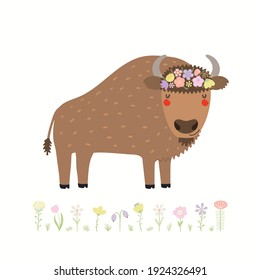 Cute funny bison in flower wreath, isolated on white. Hand drawn wild animal vector illustration. Scandinavian style woodland. Flat design. Concept for kids fashion, textile print, poster, card