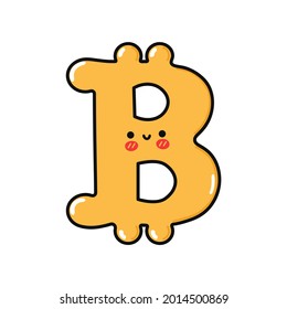 Cute funny bitcoin character. Vector hand drawn cartoon kawaii character illustration icon. Isolated on white background. Bitcoin character concept