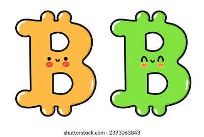 Cute funny Bitcoin Sign character. Vector hand drawn cartoon kawaii character illustration icon. Isolated on white background. Happy Bitcoin Sign character concept