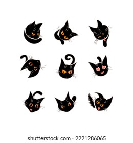 Cute and funny black cat heads emoticons set. Cartoon kitten characters design collection. Pet animals stickers isolated on white background.