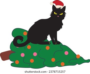 Cute und lustige schwarze Katze klopft die Weihnachtsbaumgrafik herunter.