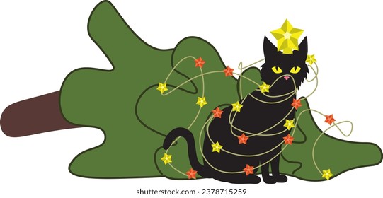 Cute and funny black cat knocks down Christmas tree illustration.