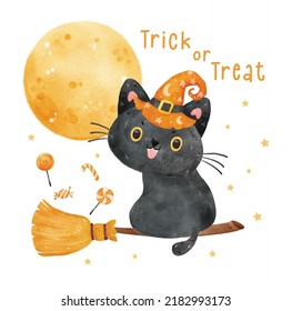 lindo gato negro gracioso con sombrero de bruja naranja sentado en una escoba voladora con luna llena en segundo plano, Trick o Treat de Halloween, personaje de caricatura animal ilustración de acuarela vector