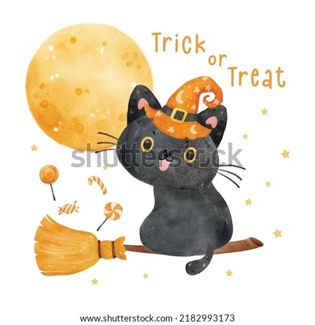 cute funny black cat with orange witch hat sitting on flying broom with full moon in background, Halloween Trick or Treat, animal cartoon character watercolor illustration vector