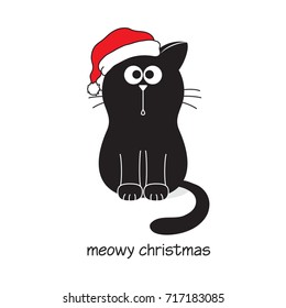 Cute and funny black cat in Santa's hat. Meowy Merry Christmas card