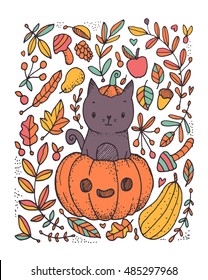 cute funny black cat sitting in the pumpkin. Autumn harvest vegetables and Halloween Jack o Lantern head. Witch kitten.